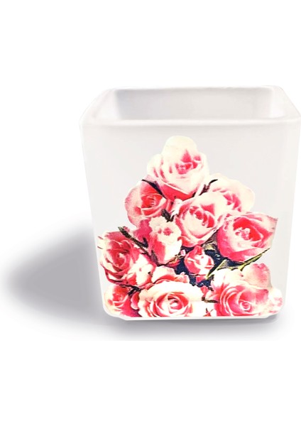 DEKORATİF BUZLU CAM MUMLUK PEMBE GÜLLER DESEN 8X8 CM (2 Adet)