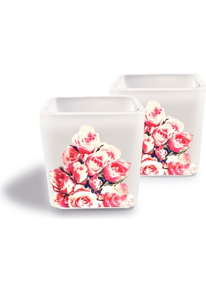 DEKORATİF BUZLU CAM MUMLUK PEMBE GÜLLER DESEN 8X8 CM (2 Adet)
