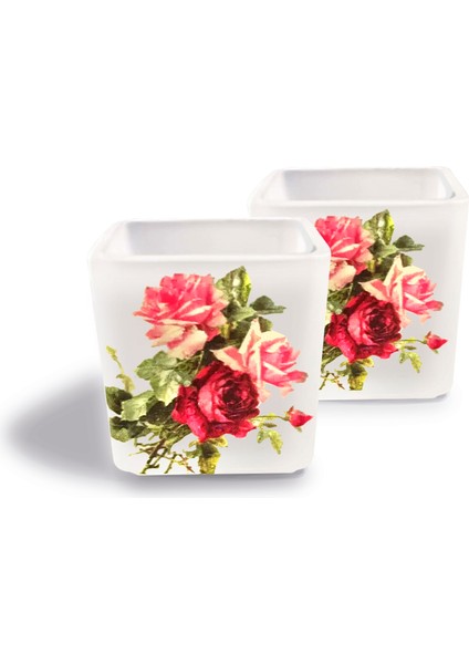 DEKORATİF BUZLU CAM MUMLUK VİNTAGE GÜLLÜ DESEN 8X8 CM (2 Adet)