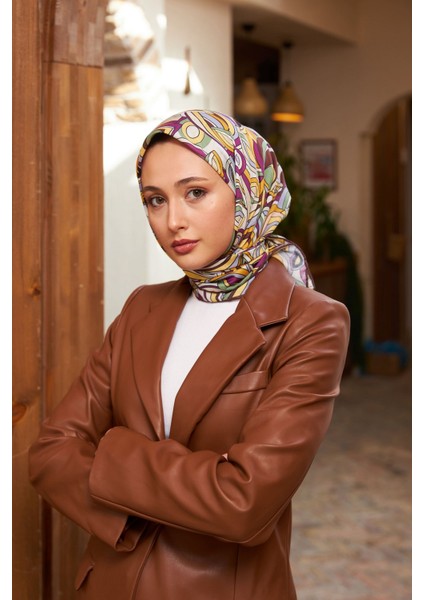 Geo Oval Soft Eşarp Mürdüm Sarı 1158-06