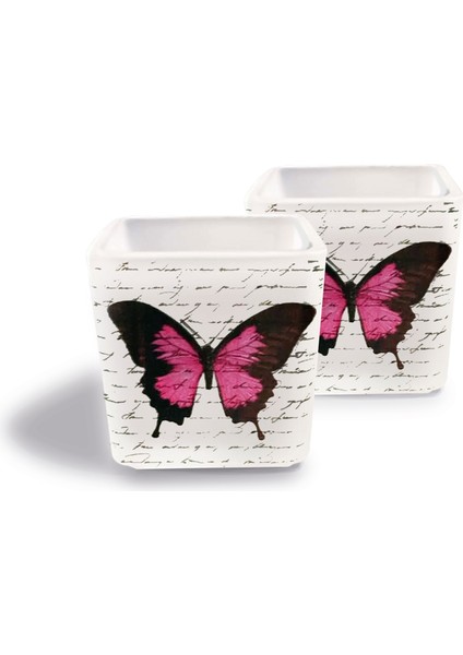 DEKORATİF BUZLU CAM MUMLUK KELEBEK DESEN 8X8 CM (2 Adet)