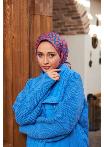 Geo Trefoil Soft Eşarp Mavi Kiremit 1159-06
