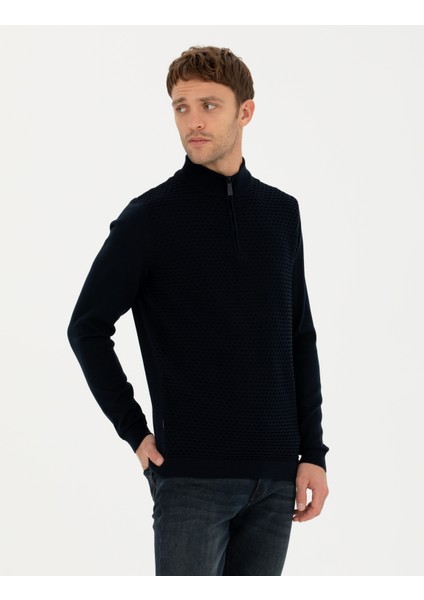 Erkek Lacivert Slim Fit Fermuarlı Dik Yaka Triko Kazak 50281824-VR033