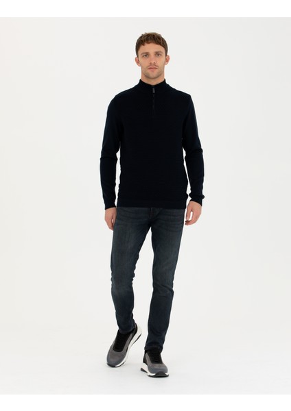 Erkek Lacivert Slim Fit Fermuarlı Dik Yaka Triko Kazak 50281824-VR033 fırsatları