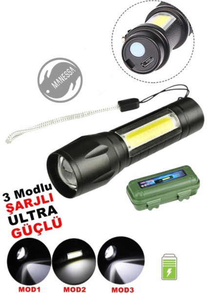 Ms-Ultra Güçlü 2000 Lumens + 5W Cob LED USB Şarjlı Su Geçirmez El Feneri Kutulu Kamp Feneri Avcılık