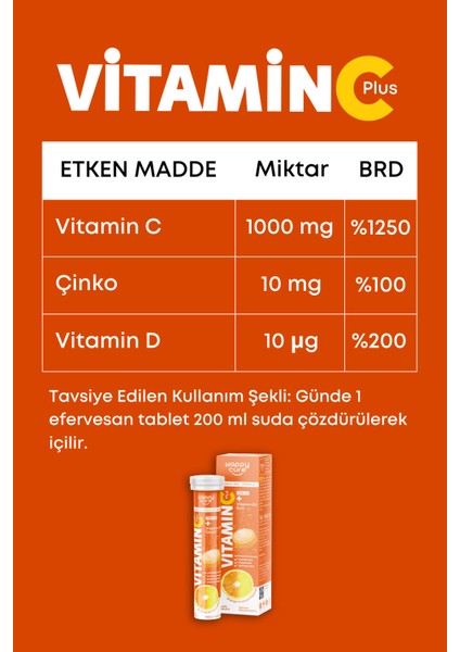 Vitamin C Plus 20 Efervesan Tablet (C Vitamini, Çinko, D3 Vitamini)