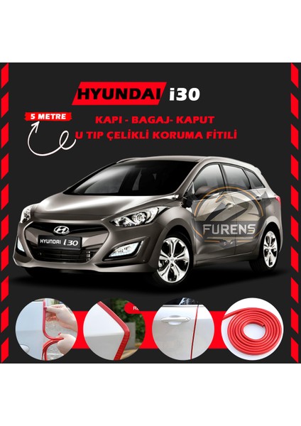 Hyundai I30 Oto Araç Kapı Koruma Fitili 5metre Parlak Kırmızı Renk