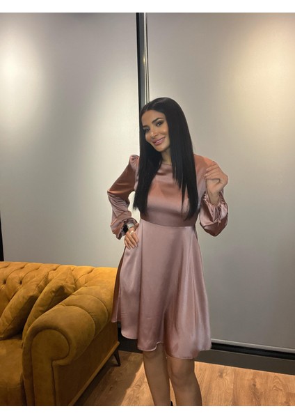 Saten Balon Uzun Kol Kiloş Pudra Pembe Elbise fiyatları