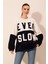 Kadın Lacivert Beyaz Blok Ever Slow Baskılı Rahat Peluş Sweatshirt HZL23W-BD1554781 5