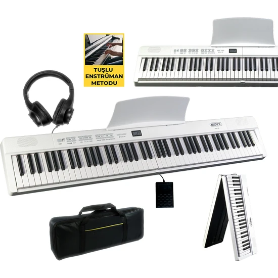 Midex PLX-80WH Taşınabilir Katlanır Dijital Piyano Tuş Hassasiyetli 88 Tuş BT (Sustain Kulaklık Çanta Metod)