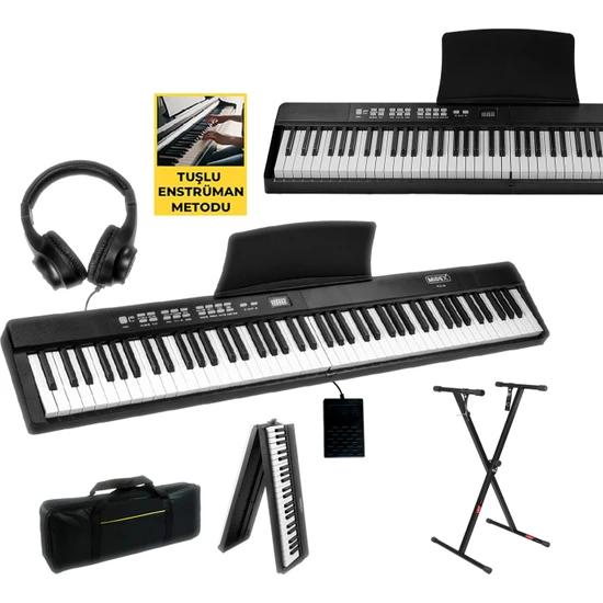 Midex PLX-80ST Taşınabilir Katlanır Dijital Piyano Tuş Hassasiyetli 88 Tuş Bt - Stand Sustain Kulaklık Çanta Metod