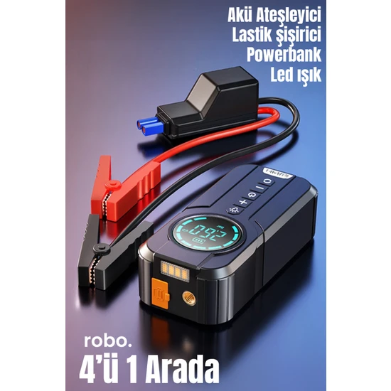 Robo 4'ü 1 Arada Şarjlı Akü Ateşleyici Lastik Şişirici Powerbank LED Işık 180 Psi Yüksek Basınçlı