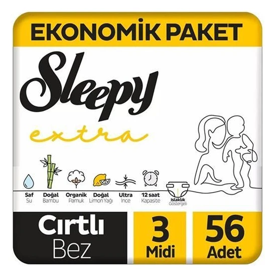 Sleepy Extra Günlük Aktivite Ekonomik Paket Bebek Bezi 3 Numara Midi 56 Adet
