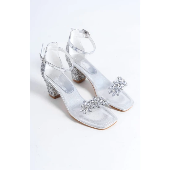 88 Moda Kız Çocuk Abiye Ayakkabı Şık Topuklu Gümüş Şeffaf Taş