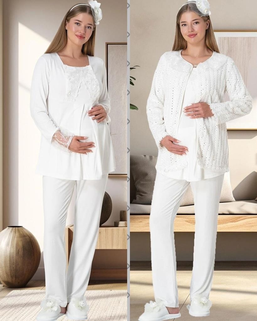 Mecit 5911 Ekru Peluş 3 Lü Pijama Sabahlık Tk görsel 4