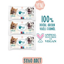 Pet Love Kediler ve Köpekler İçin Temizleme Mendili 3X60 Adet 100% Doğal Argan Yağlı