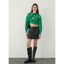 Sherin Yuvarlak Yaka Geniş Fit Düz Yeşil Kazak Kadın SW23K4825YE