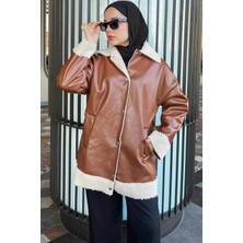 Neva Style Kürk Detaylı Taba Tesettür Deri Ceket 9310TB