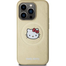 Hello Kitty Apple iPhone 15 Pro Uyumlu Hello Kitty Lisanslı Magsafe Şarj Özellikli Kitty Head Deri Gold