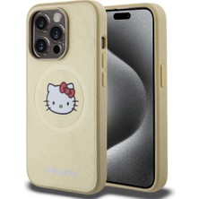 Hello Kitty Apple iPhone 15 Pro Uyumlu Hello Kitty Lisanslı Magsafe Şarj Özellikli Kitty Head Deri Gold