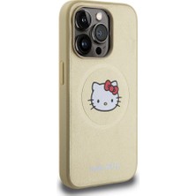 Hello Kitty Apple iPhone 15 Pro Uyumlu Hello Kitty Lisanslı Magsafe Şarj Özellikli Kitty Head Deri Gold