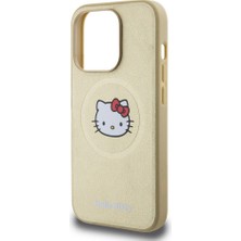 Hello Kitty Apple iPhone 15 Pro Uyumlu Hello Kitty Lisanslı Magsafe Şarj Özellikli Kitty Head Deri Gold