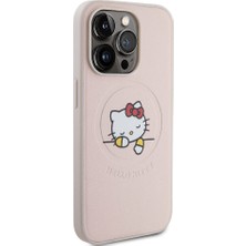 Hello Kitty Apple iPhone 15 Pro Hello Kitty Lisanslı Magsafe Özellikli Baskı Logolu Uyuyan Kitty Deri Pembe