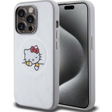 Hello Kitty Apple iPhone 15 Pro Hello Kitty Lisanslı Magsafe Özellikli Baskı Logolu Uyuyan Kitty Deri Gümüş