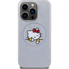 Hello Kitty Apple iPhone 15 Pro Hello Kitty Lisanslı Magsafe Özellikli Baskı Logolu Uyuyan Kitty Deri Gümüş