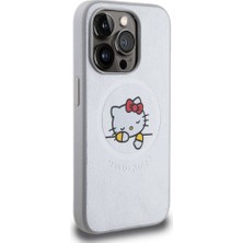 Hello Kitty Apple iPhone 15 Pro Hello Kitty Lisanslı Magsafe Özellikli Baskı Logolu Uyuyan Kitty Deri Gümüş