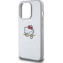 Hello Kitty Apple iPhone 15 Pro Hello Kitty Lisanslı Magsafe Özellikli Baskı Logolu Uyuyan Kitty Deri Gümüş