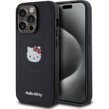 Hello Kitty Apple iPhone 15 Pro Uyumlu Hello Kitty Lisanslı Magsafe Şarj Özellikli Kitty Head Deri Siyah