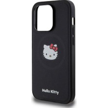 Hello Kitty Apple iPhone 15 Pro Uyumlu Hello Kitty Lisanslı Magsafe Şarj Özellikli Kitty Head Deri Siyah