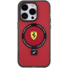 Ferrari Apple iPhone 15 Pro Uyumlu Ferrari Magsafe Şarj Özellikli Standlı Buzlu Yüzey Dizayn Kılıf Kırmızı