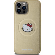 Hello Kitty Apple iPhone 15 Pro Max Uyumlu Hello Kitty Lisanslı Magsafe Şarj Özellikli Kitty Head Deri Gold