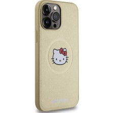 Hello Kitty Apple iPhone 15 Pro Max Uyumlu Hello Kitty Lisanslı Magsafe Şarj Özellikli Kitty Head Deri Gold