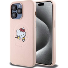 Hello Kitty Apple iPhone 15 Pro Max Hello Kitty Lisans Magsafe Özellik Baskı Logolu Uyuyan Kitty Deri Pembe