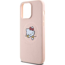 Hello Kitty Apple iPhone 15 Pro Max Hello Kitty Lisans Magsafe Özellik Baskı Logolu Uyuyan Kitty Deri Pembe