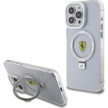 Ferrari Apple iPhone 15 Pro Max Uyumlu Ferrari Magsafe Şarj Özellikli Standlı Buzlu Yüzey Dizayn Kılıf Gümüş