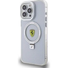 Ferrari Apple iPhone 15 Pro Max Uyumlu Ferrari Magsafe Şarj Özellikli Standlı Buzlu Yüzey Dizayn Kılıf Gümüş