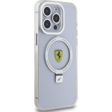 Ferrari Apple iPhone 15 Pro Max Uyumlu Ferrari Magsafe Şarj Özellikli Standlı Buzlu Yüzey Dizayn Kılıf Gümüş