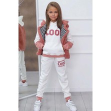 Riccotarz Kız Çocuk Cool Baskılı Kapüşonlu Sweatshirt ve Peluş Yelekli Turuncu Eşofman Takım