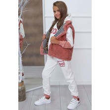 Riccotarz Kız Çocuk Cool Baskılı Kapüşonlu Sweatshirt ve Peluş Yelekli Turuncu Eşofman Takım