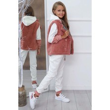 Riccotarz Kız Çocuk Cool Baskılı Kapüşonlu Sweatshirt ve Peluş Yelekli Turuncu Eşofman Takım