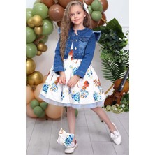 Riccotarz Kız Çocuk Omzu Inci Boncuk Detaylı Denim Ceket ve Desenli Beyaz Elbise