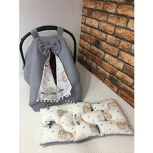 Buse Baby Home Gri Pikeli ve Poplin Kumaş, Ponponlu Puset Örtüsü ve Puset Minderi 2'li Set