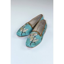 Nomads Felt %100 Ipek Hakiki Deri Kösele Taban Kadın Babet | Van Gogh Badem Ağacı | Turkuaz