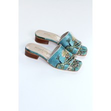 Nomads Felt Ipek-Deri Kadın Terlik Turkuaz Van Gogh Badem Ağacı