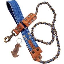 Balkonda Köpek gezdirme tasması antik metal zincirli mavi kot saplı taba deri kaplama kalınlık:1,5cm uzunluk:130cm dog leash B5-10