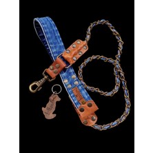 Balkonda Köpek gezdirme tasması antik metal zincirli mavi kot saplı taba deri kaplama kalınlık:1,5cm uzunluk:130cm dog leash B5-10